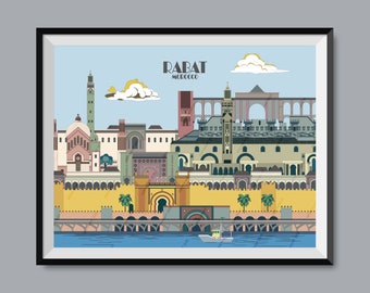 Rabat, Morocco, Travel Poster, City Print, Mosque Study, Cathedral Illustration, Tower Outline, Bridge Sketch, Fort Art, Museum Drawing, Dar