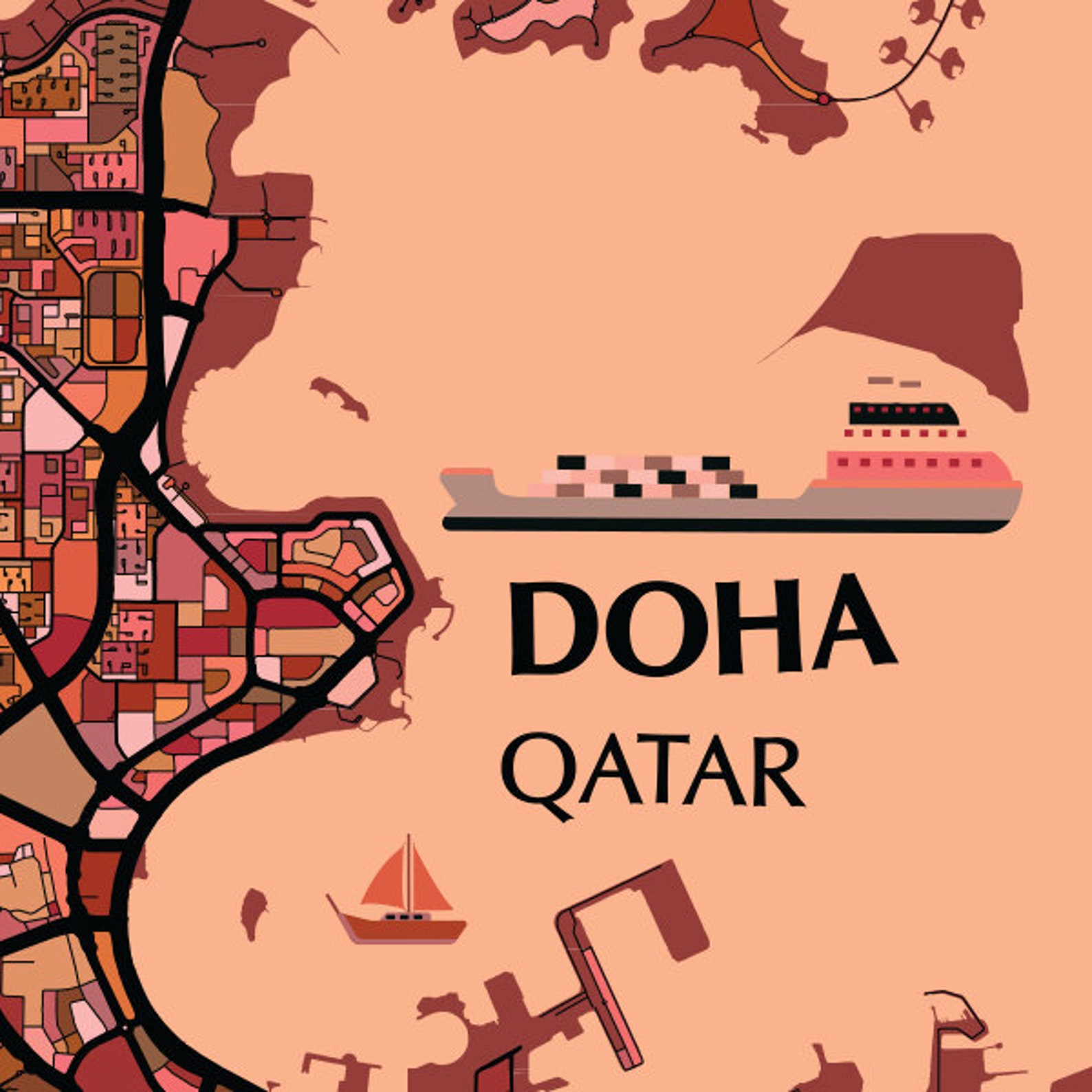 Doha Qatar Map Print Modern Contemporary Chroma Color Map Etsy