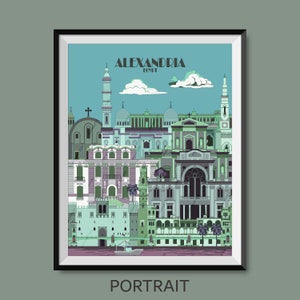 Portrait poster of Alexandria city printed on premium quality paper. Contains famous architectural touristic buildings and travel attraction such as Mosque Sketch, Church Drawing, Citadel Art, Palace Outline, Museum Illustration, Bridge Study