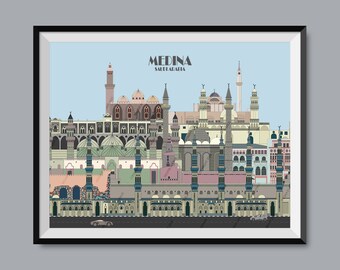 Medina, Saudi Arabia, Travel Poster, City Print, Mosque Sketch, Masjid Illustration, Museum Art, Castle Outline, Gate Drawing, Minaret Study