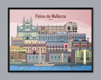 Palma de Mallorca, Spain, Travel Poster, City Print, Castle Illustration, Cathedral Outline, Mosque Study, Palace Sketch, Villa Art, Beach