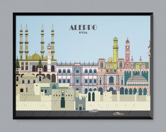 Aleppo, Syria, Travel Poster, City Print, Mosque Drawing, Church Illustration, Citadel Art, Tower Outline, Hammam Sketch, Villa Study, Fort