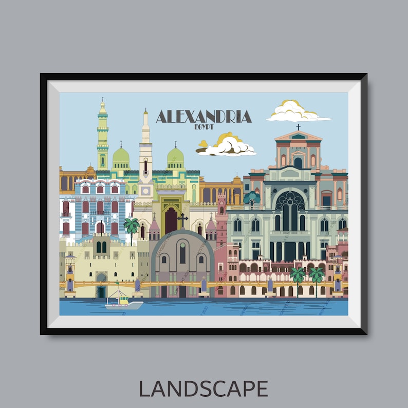 Landscape poster of Alexandria city printed on premium quality paper. Contains famous architectural touristic buildings and travel attraction such as Mosque Sketch, Church Drawing, Citadel Art, Palace Outline, Museum Illustration, Bridge Study