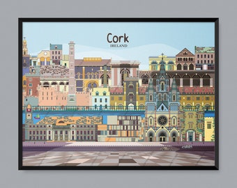 Cork, Irlande, Affiche de voyage, Estampe de ville, Dessin de musée, Étude de l’eau, Art universitaire, Contour de cathédrale, Illustration de château, Esquisse de maison