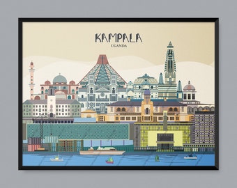 Kampala, Uganda, Travel Poster, City Print, Temple Illustration, Palace Outline, University Study, Church Sketch, Mosque Art, Shrine Drawing