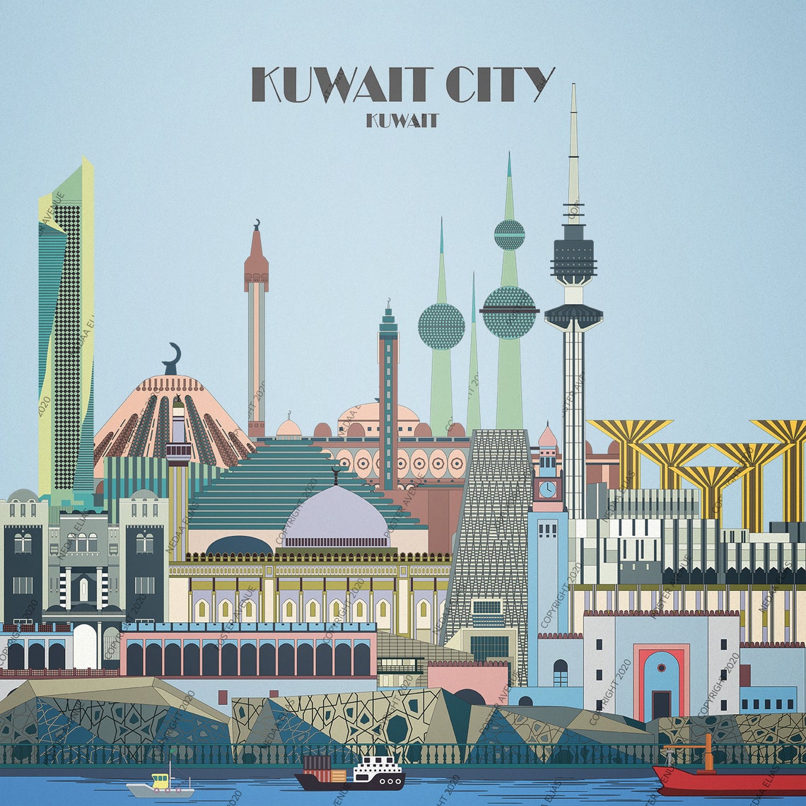 Kuwait City Kuwait Travel Poster City Print Mosque Etsy