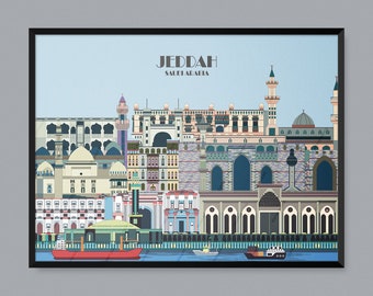 Jeddah, Saudi Arabia, Travel Poster, City Print, Museum Illustration, Mosque Outline, Gate Art, Qasr Sketch, Lighthouse Study, Hotel Drawing