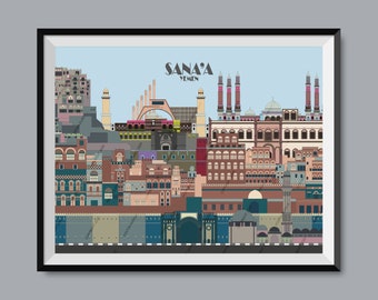 Sana'a, Yemen, Travel Poster, City Print, Mosque Sketch, Bab Study, Museum Art, Monument Outline, Fortress Illustration, House Drawing, Clay