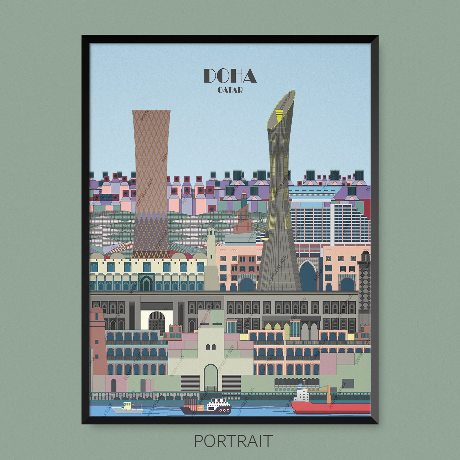 Doha Qatar Travel Poster City Print Tower Drawing Museum | Etsy