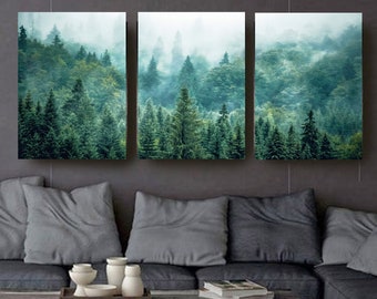 3 Piece Wall Art Green Forest Canvas Nature Wall Art Forest Triptych Art Tree Poster Forest Print Set 3 Gallery Wall Set Foggy Forest Poster
