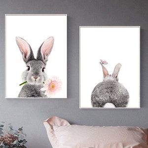 Bunny Print Set Baby Nursery Wall Art Rabbit Print Flower Bunny Nursery Art Front & Back Girl Room Decor Baby Animal Nursery Rabbit Wall Art