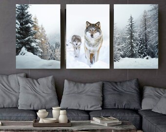 3 Piece Wall Art Wolf Print Nature Canvas Woodland Wall Decor Scandinavian Print Gallery Wall Set Winter Nature Print Contemporary Triptych