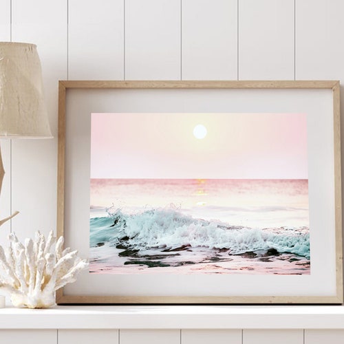 Sunset on Beach Framed Print Pink Pastel Wall Art Ocean - Etsy