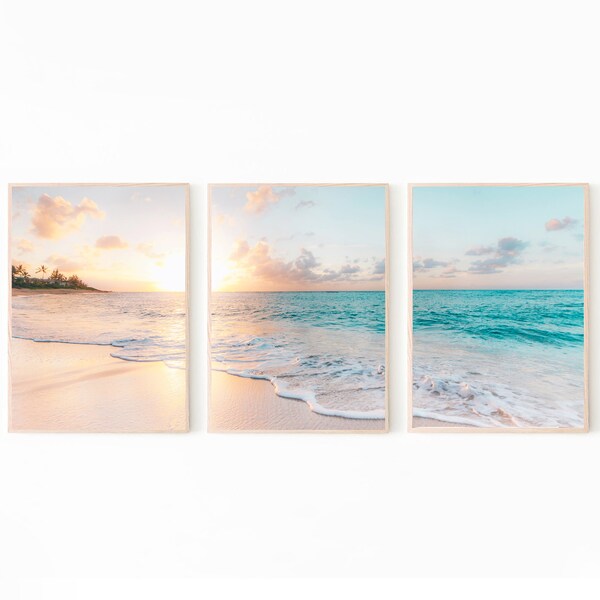 Set of 3 Piece Wall Art Ocean Triptych Beach Wall Decor Gallery Wall Set 3 Pastel Sunset Art Coastal Wall Art 24x36 Print Digital Download