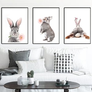 Rabbit Print 3 Piece Wall Art Nursery Wall Decor Digital Art Girl Room Decor Baby Animal Prints Rabbit Art Bunny Poster Nursery Wall Art Set image 1