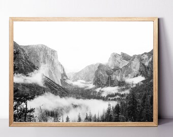Yosemite Wall Art, Yosemite National Park Print Misty Mountain Print, Forest 24x36 Print Encadré noir et blanc Yosemite Valley Photography