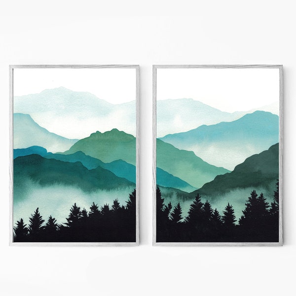 2 Piece Wall Art Watercolor Print Mountain Canvas Large Wall Art Watercolor Landscape Print Nature Wall Art Mountains Print 24x36 Print Set