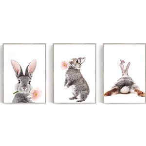 Rabbit Print 3 Piece Wall Art Nursery Wall Decor Digital Art Girl Room Decor Baby Animal Prints Rabbit Art Bunny Poster Nursery Wall Art Set image 2