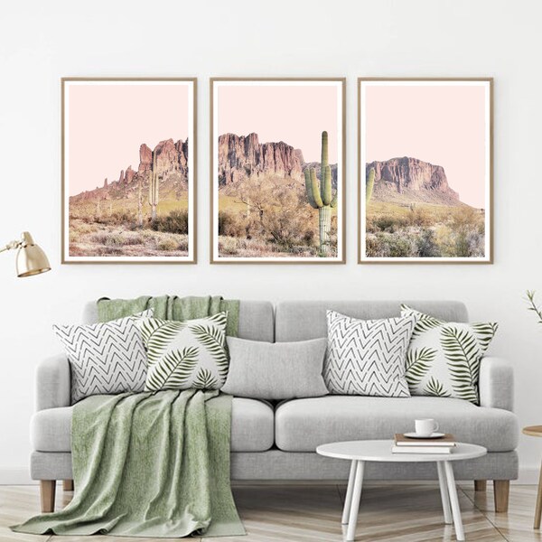 Paysage du désert 3 pièces Décoration murale Cactus Print Lot de 3 affiches Désert Toile Art 24 x 36 Impression Triptyque Décoration murale Désert Photo Cactus Décoration murale