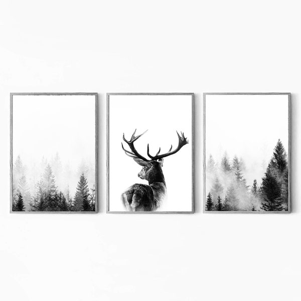 Hirschgeweih Kunst 3 Stück Wandkunst Wald Wanddekoration Digitaler Download Kunstgalerie Wandset skandinavisches Dekor Natur Wandkunst Jagd Dekor