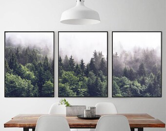 Misty Forest 3 Piece Wall Art Extra Large Canvas Art Gallery Wall Set Forest Triptych Art 24x36 Print Large Nature Poster Foggy Forest Print