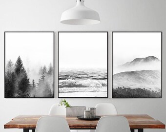 Natuur 3 stuk muur kunst mistig bos print zwart-wit natuur poster drieluik muur kunst berg muur kunst 24 x 36 print set van 3 canvas kunst