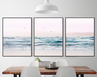 3-teilige Wandkunst, Ozean-Drucke, Küsten-Wandkunst, Möwen-Druck, Galerie-Wandset, Ozean-Triptychon-Kunst, 24 x 36 Druck, Strand, Küste, 3-teilige Leinwand