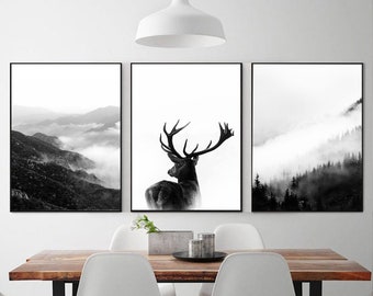 Scandinavian Decor 3 Piece Wall Art Deer Art Digital Print Misty Mountain Art Large Wall Art Hunting Decor Nature Wall Art Set Gallery Wall