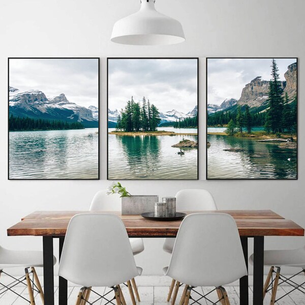 Lot de 3 décorations murales sur toile triptyque sur toile de lac de montagne - 24 x 36 cm - Galerie d'impression - Ensemble mural - Impression de lac - Poster de montagne - Lot de 3 impressions nature