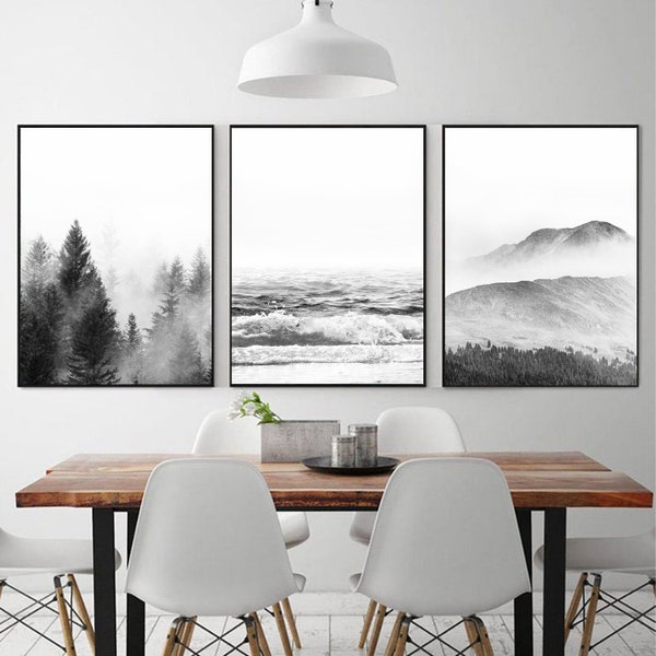 Nature 3 pièces Wall Art Foggy Forest Print Noir et Blanc Nature Poster Triptyque Wall Art Mountain Wall Art 24x36 Print Set of 3 Canvas Art