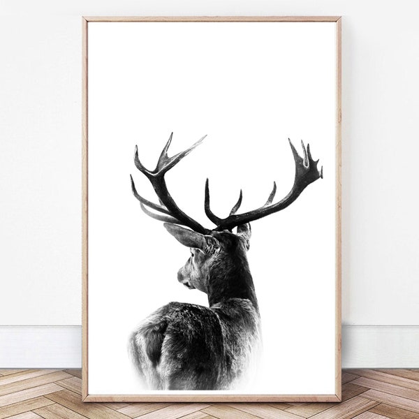 Deer Print Deer Antlers Poster Deer Printable Wall Art Digital Download Deer Antlers Hunting Decor Deer Black White Print Woodland Deer Art