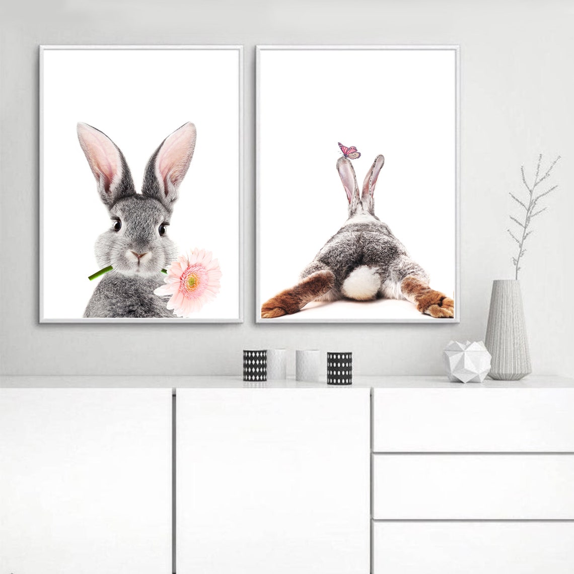 Bunny Print Set Baby Nursery Wall Art Rabbit Art Flower Bunny | Etsy