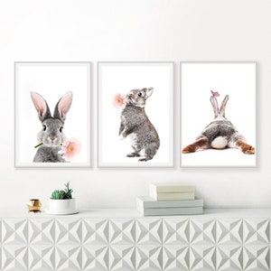 Rabbit Print 3 Piece Wall Art Nursery Wall Decor Digital Art Girl Room Decor Baby Animal Prints Rabbit Art Bunny Poster Nursery Wall Art Set image 8