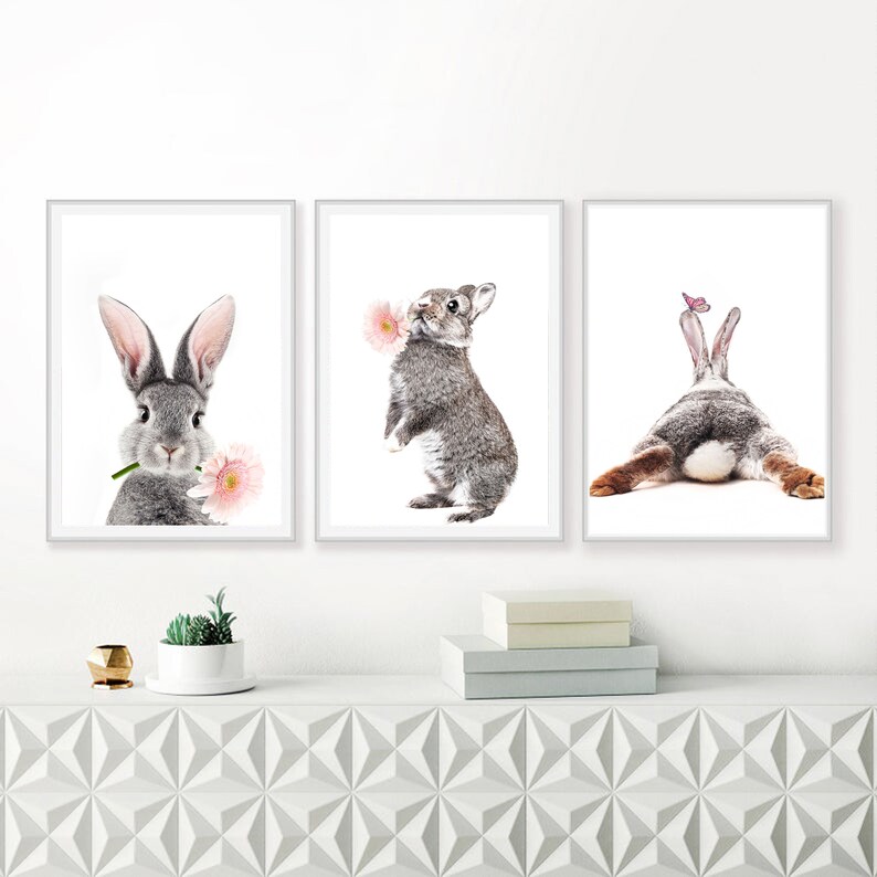 Rabbit Print 3 Piece Wall Art Nursery Wall Decor Digital Art Girl Room Decor Baby Animal Prints Rabbit Art Bunny Poster Nursery Wall Art Set image 8