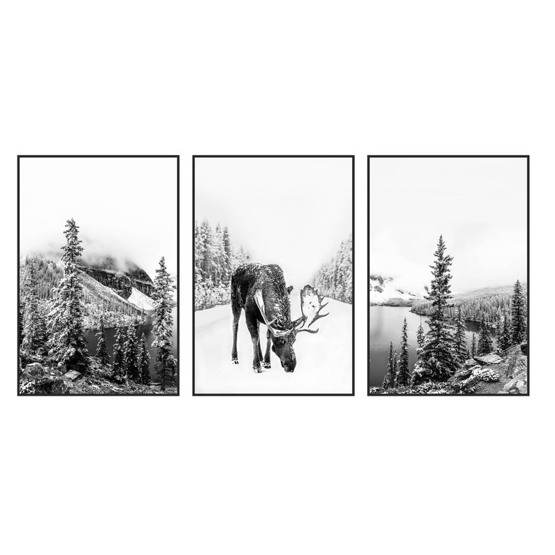 Set of 3 Prints Nature Wall Art Deer Christmas Printable 3 Piece Wall Art Set Scandinavian Decor Deer Art Digital Print 24x36 Moose Wall Art