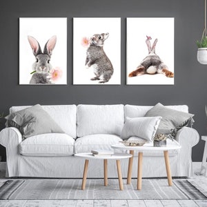 Rabbit Print 3 Piece Wall Art Nursery Wall Decor Digital Art Girl Room Decor Baby Animal Prints Rabbit Art Bunny Poster Nursery Wall Art Set image 3