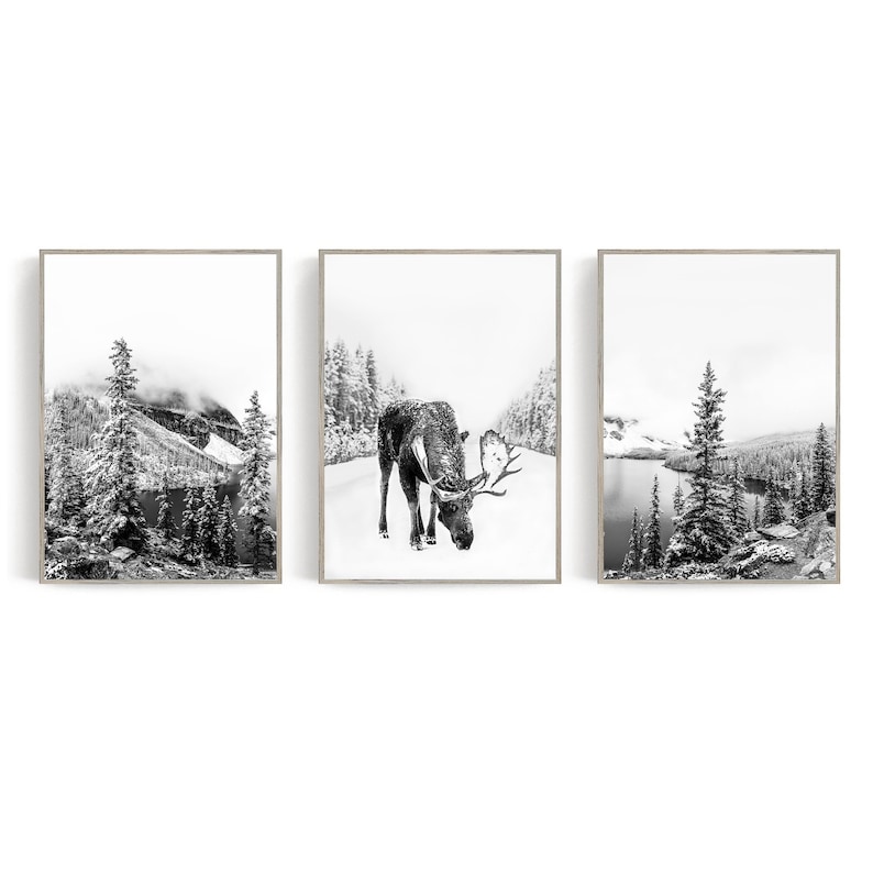 Set of 3 Prints Nature Wall Art Deer Christmas Printable 3 Piece Wall Art Set Scandinavian Decor Deer Art Digital Print 24x36 Moose Wall Art