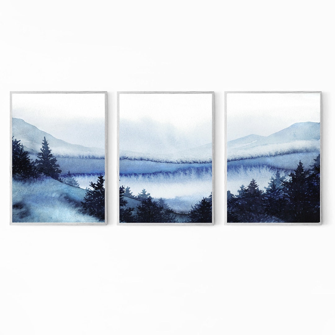 3 Piece Wall Art Forest Print Set Blue Mountain Triptych Gallery Wall ...