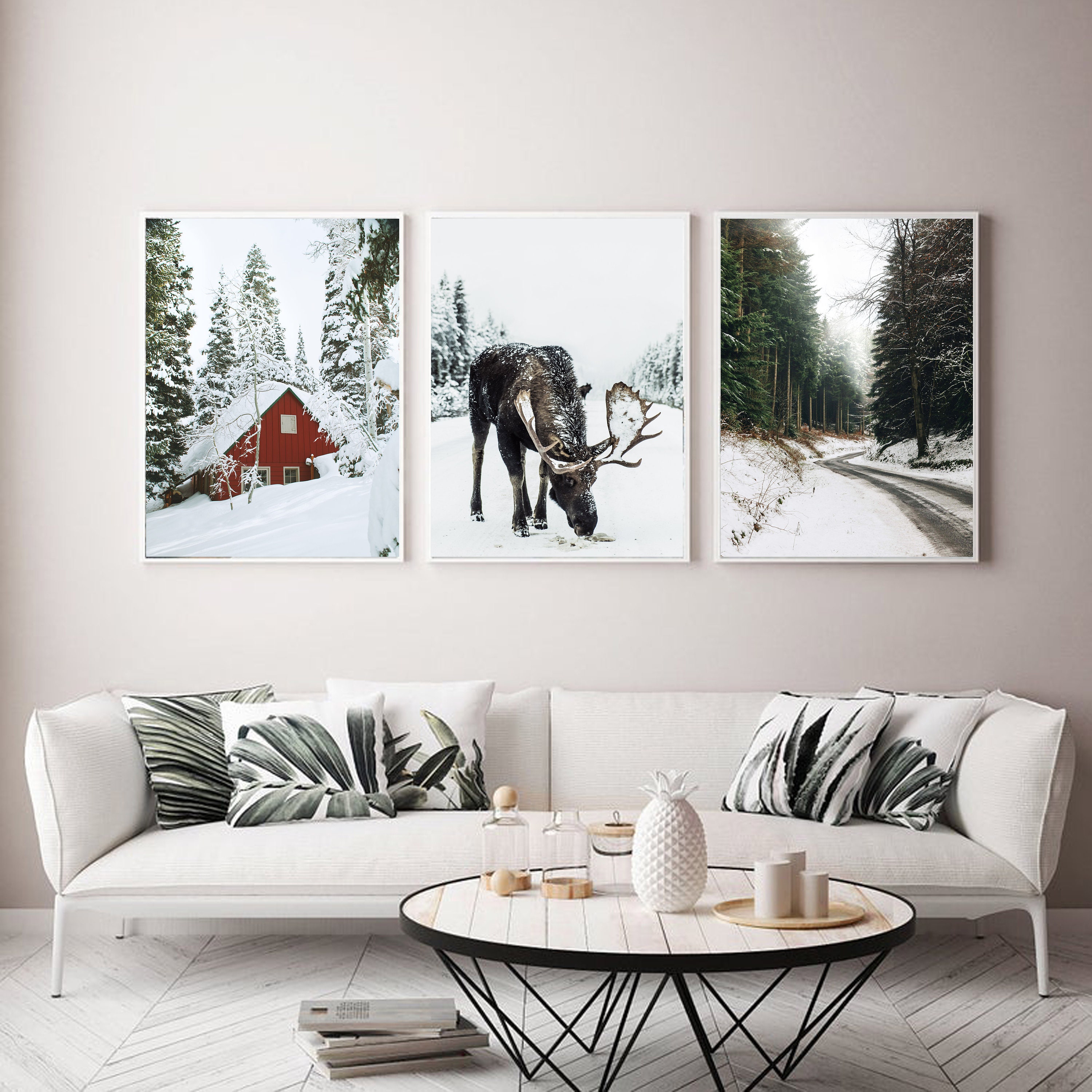 Christmas 3 Piece Wall Art Winter Triptych Moose Print Gallery Etsy