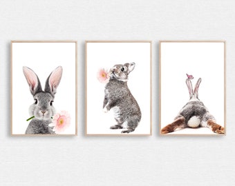 3 Piece Wall Art Bunny Nursery Bunny Rabbit Art Canvas Print Baby Girl Nursery Art Rabbit Print Bunny Art Funny Bunny Print Gallery Wall Set