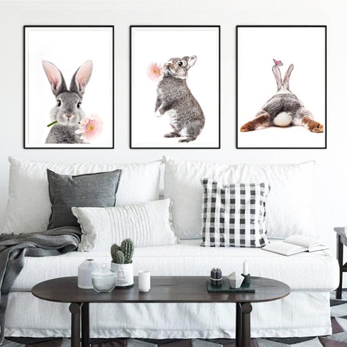 Rabbit Print 3 Piece Wall Art Nursery Wall Decor Digital Art Girl Room Decor Baby Animal Prints Rabbit Art Bunny Poster Nursery Wall Art Set