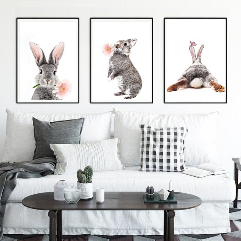 Rabbit Print 3 Piece Wall Art Nursery Wall Decor Digital Art Girl Room Decor Baby Animal Prints Rabbit Art Bunny Poster Nursery Wall Art Set image 1