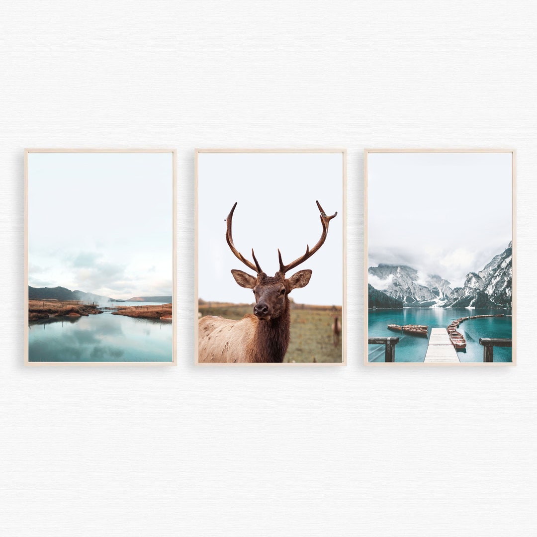 Deer Print Nature 3 Piece Wall Art Scandinavian Triptych Lake Wall Art ...