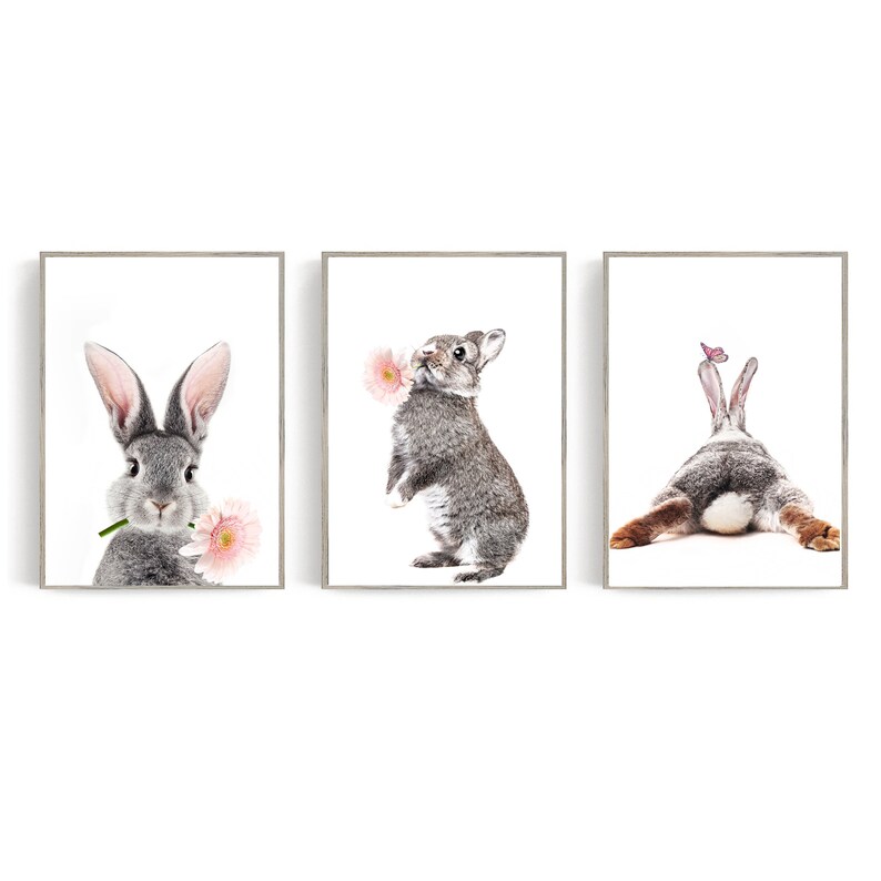 Rabbit Print 3 Piece Wall Art Nursery Wall Decor Digital Art Girl Room Decor Baby Animal Prints Rabbit Art Bunny Poster Nursery Wall Art Set image 2