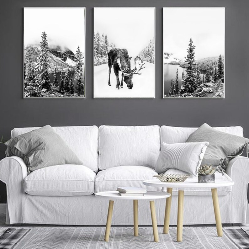 Set of 3 Prints Nature Wall Art Deer Christmas Printable 3 Piece Wall Art Set Scandinavian Decor Deer Art Digital Print 24x36 Moose Wall Art