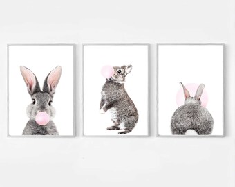 Bunny Print set of 3 Bubble Gum Rabbit Print Bunny Nursery Digital Download Art Baby Rabbit Funny Animal Pink Nursery Art Bunny Rabbit Print