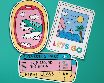 Travel Sticker Pack | Traveller | Beach Boarding Pass First Class Ticket | Luggage Suitcase Laptop Stickers