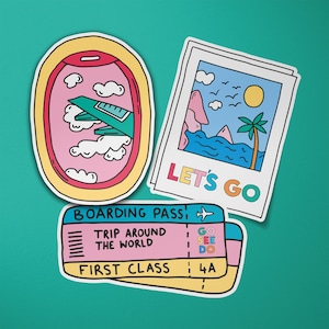 Juego de pegatinas de viaje / Viajero / Tarjeta de embarque / Playa / Nómada / Pegatinas para maletas / Paquete de pegatinas / Viajes en primera clase