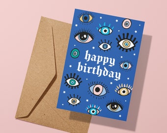 Evil Eye Happy Birthday Greeting Card | Boho Chic | Cute Card | Spiritual Witchy Witch | Birthday Card | Celebration | Seeing All Eye