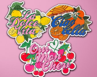 3 Vinyl Sticker Set | Italy Italian | Ciao Bella | Mon Cherie | French | Country | Lemons Oranges Cherries | Luggage Suitcase Stickers